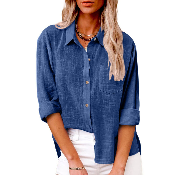 Women's oversized linen-cotton blend shirt blouse with breast pocket and roll-up sleeves Mune Fashion