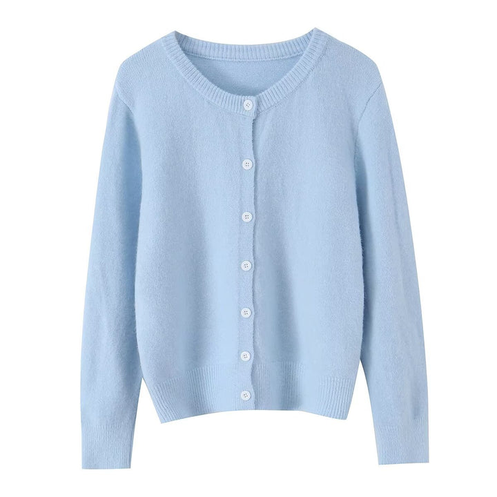 Women's lightweight fine knit cardigan with round neck, ribbed cuffs, and pearl buttons Mune Fashion