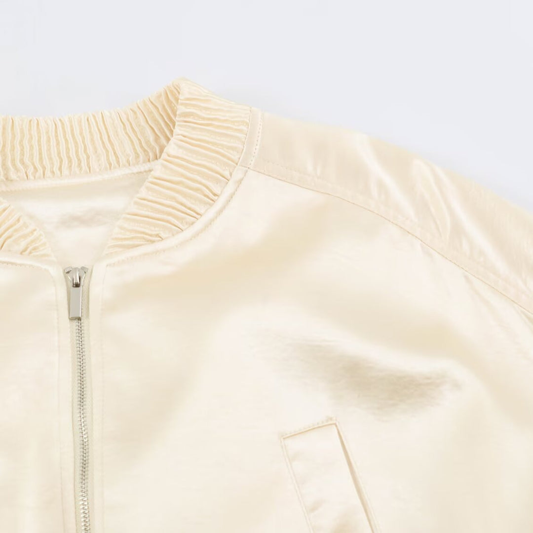Women Cropped Bomber Jacket made of Satin with Ribbed Cuffs Mune Fashion