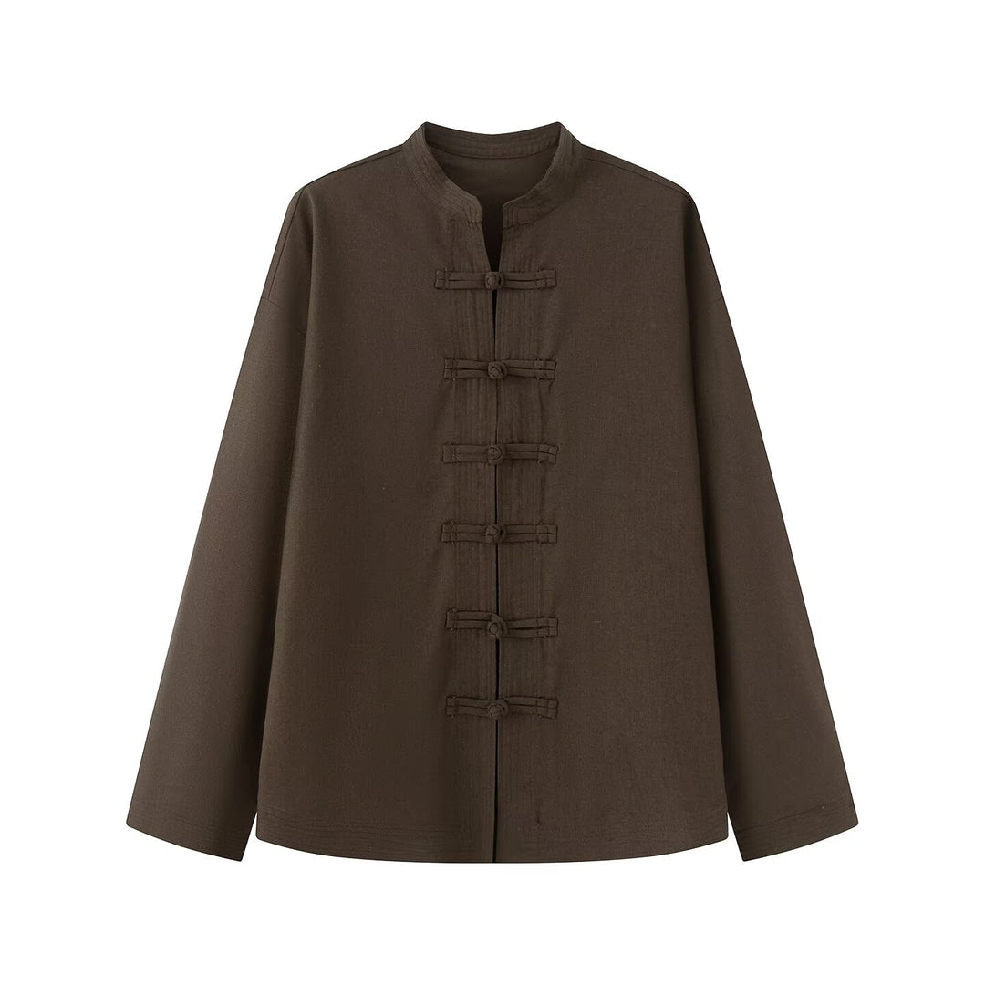 Ladies Loose Linen Mix Blouson with Stand Collar and Knot Closures Drune
