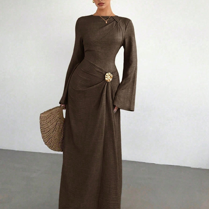 Ladies max dress with draping, decorative brooch and wide trumpet sleeves Mune Fashion
