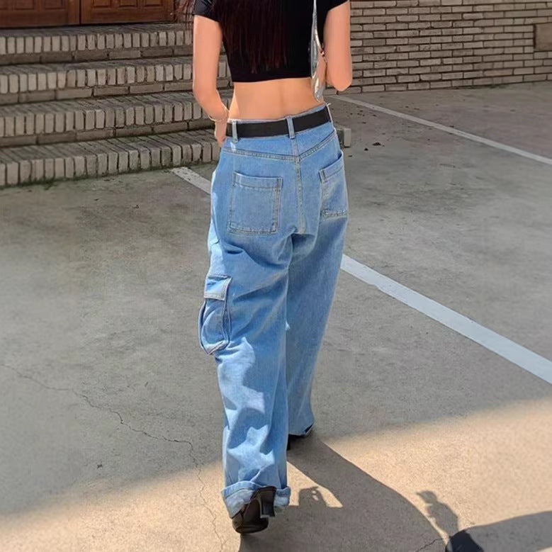 Women Extra Wide Baggy Jeans with Cargo Patches and Low Waist Mune Fashion