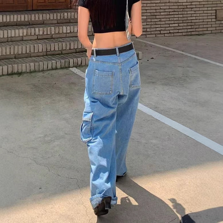 Women Extra Wide Baggy Jeans with Cargo Patches and Low Waist Mune Fashion