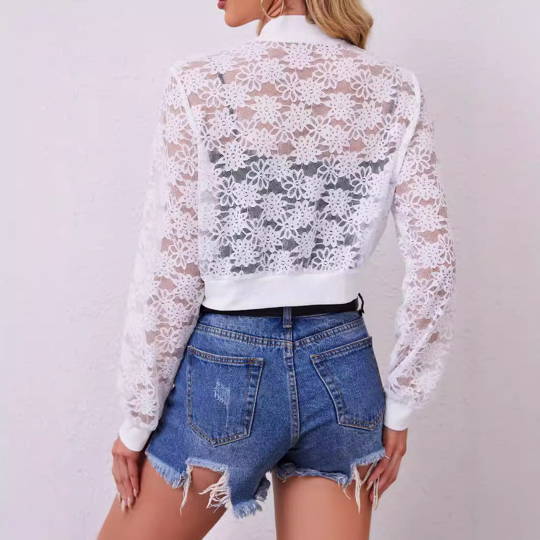 Ladies floral lace bomber jacket with zipper and ribbed cuffs Mune Fashion