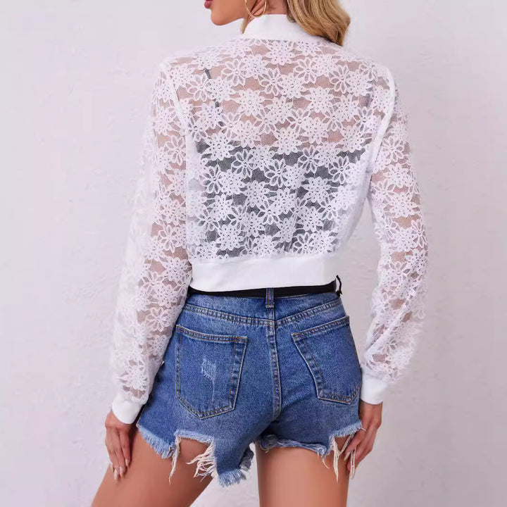 Ladies floral lace bomber jacket with zipper and ribbed cuffs Mune Fashion