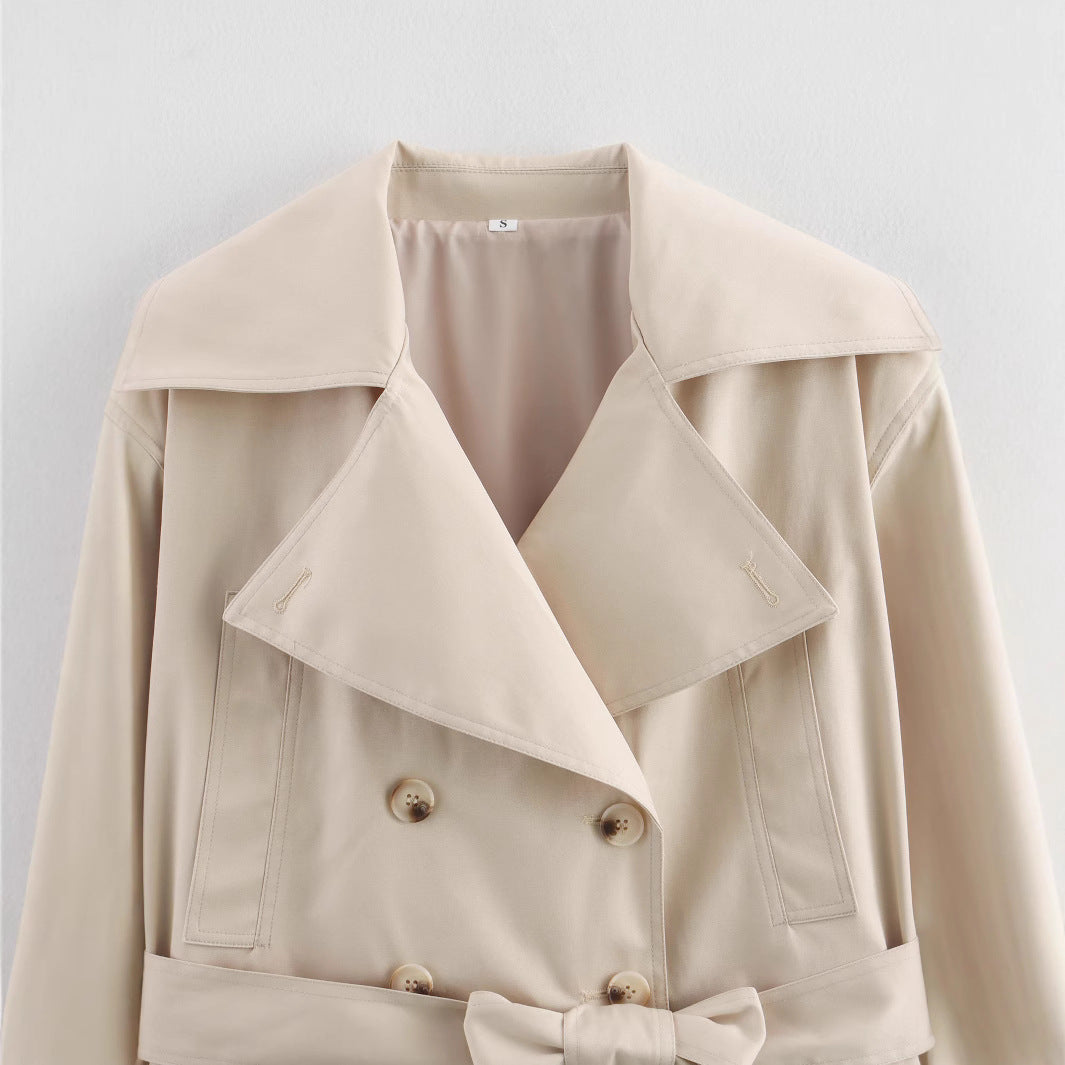 Women Cropped Trench Coat with Wide Lapels, Waist Belt and Double Button Row Mune Fashion