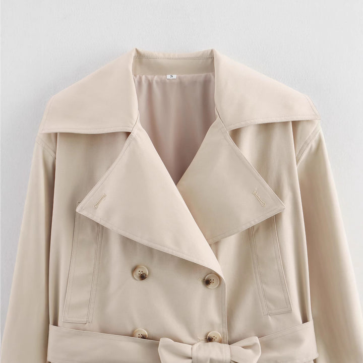 Women Cropped Trench Coat with Wide Lapels, Waist Belt and Double Button Row Mune Fashion