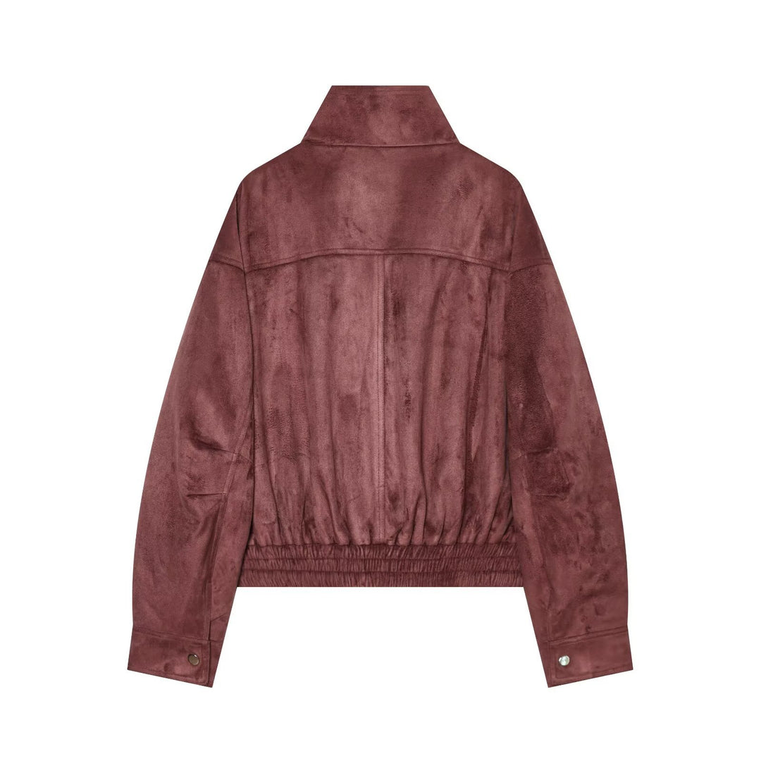Women's short suede look bomber jacket with stand-up collar and elastic hem
