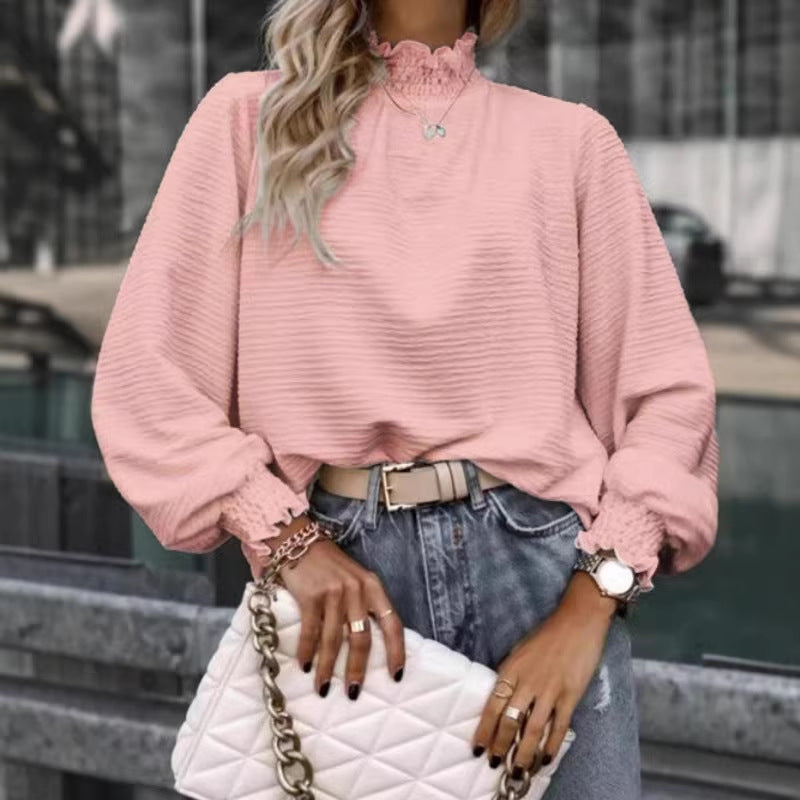 Women Loose Structured Long Sleeve Top with Ruffle Collar and Smocked Cuffs Drune