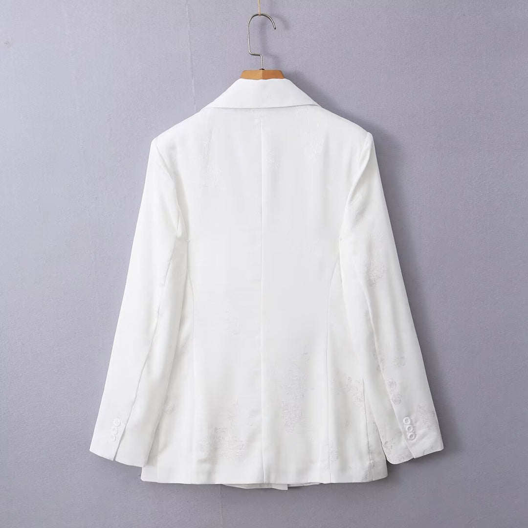 Women's Double-Breasted Satin Blazer with Floral Jacquard and Peak Lapel Mune Fashion