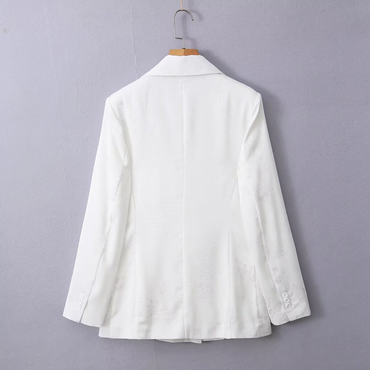 Women's Double-Breasted Satin Blazer with Floral Jacquard and Peak Lapel Mune Fashion