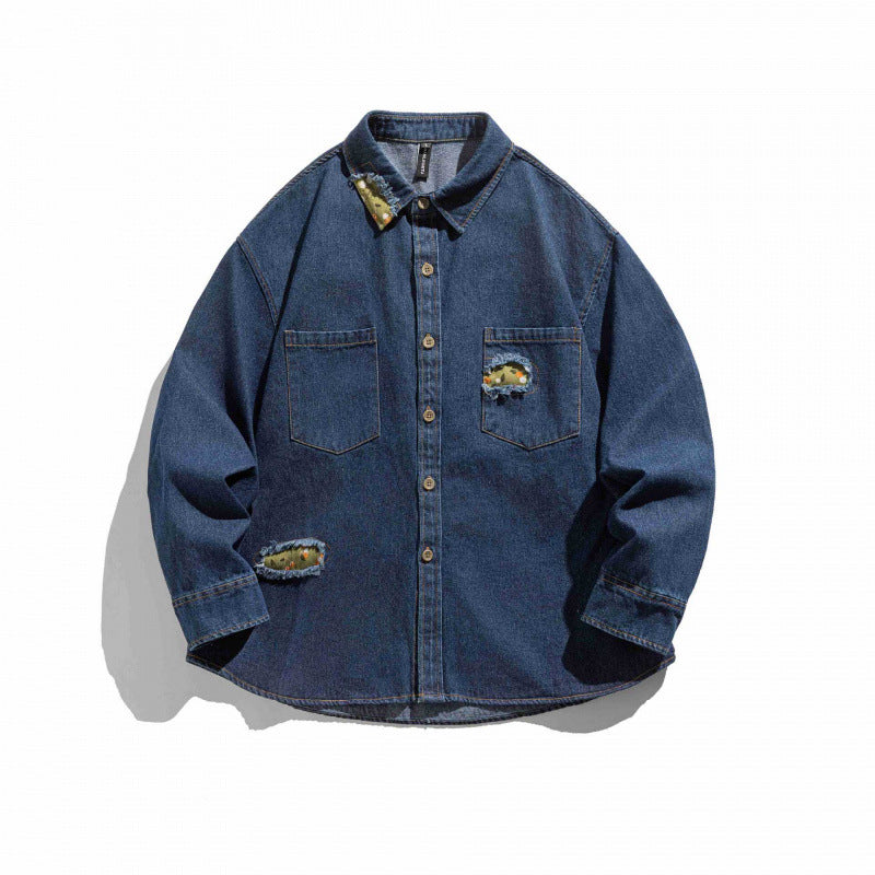 Unisex Boxy Denim Shirt Jacket with Decorative Destroy Applications and Oversized Silhouette Mune Fashion