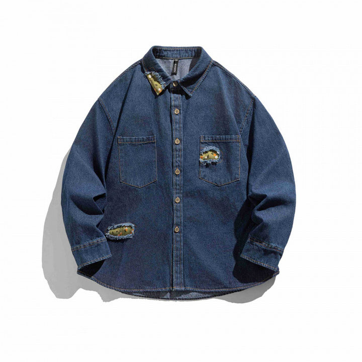 Unisex Boxy Denim Shirt Jacket with Decorative Destroy Applications and Oversized Silhouette Mune Fashion