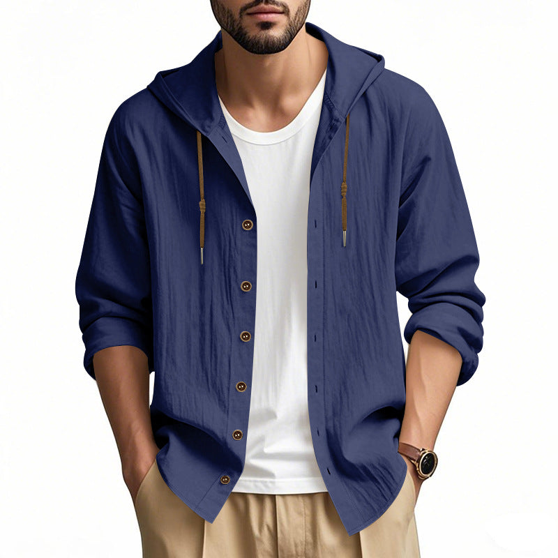 Men's lightweight hooded shirt jacket in linen look with full button placket Mune Fashion