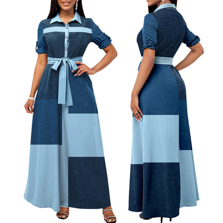 Ladies Maxi Dress Shirt Blouse Style with Waist Belt and Block Patch Design Mune Fashion
