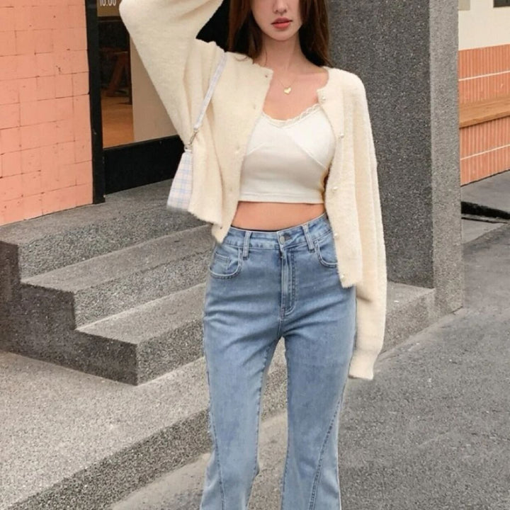 Women's Short Cut Fluffy Knit Cardigan with Pearl Buttons Mune Fashion