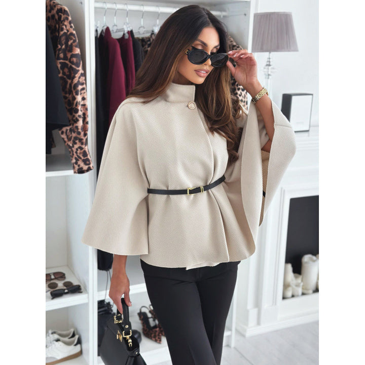 Women's Cape Coat with Fitted Leather Belt and Stand Collar Mune Fashion
