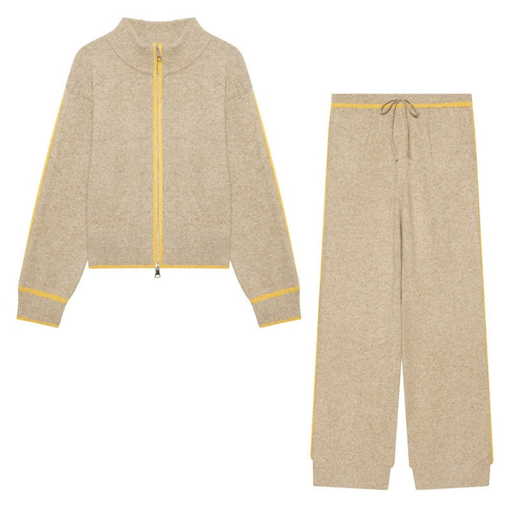 Women Two-Piece Knit Loungewear Set with Short Zip Cardigan and High Waist Palazzo Pants Mune Fashion