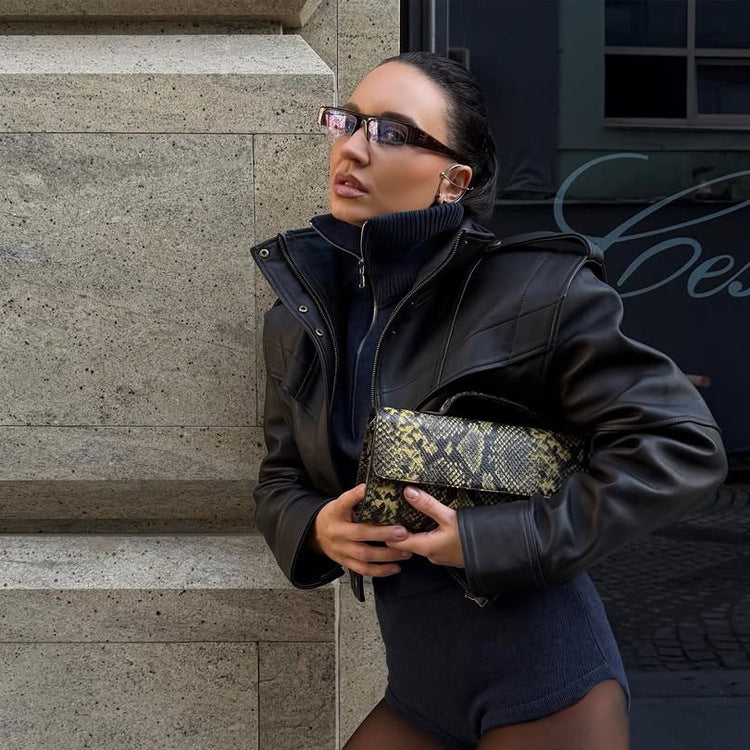 Women Short Vegan Leather Jacket with Distinctive Shoulder Structure and Cropped Cut Mune Fashion