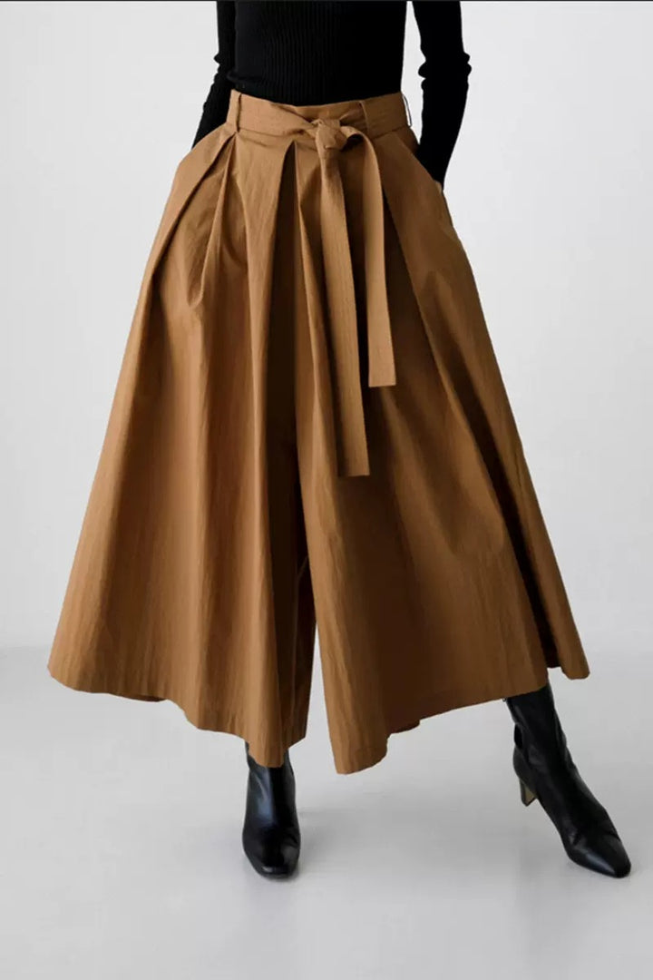 Women's Wide Culotte Skirt with Pleats and Tie Belt Mune Fashion