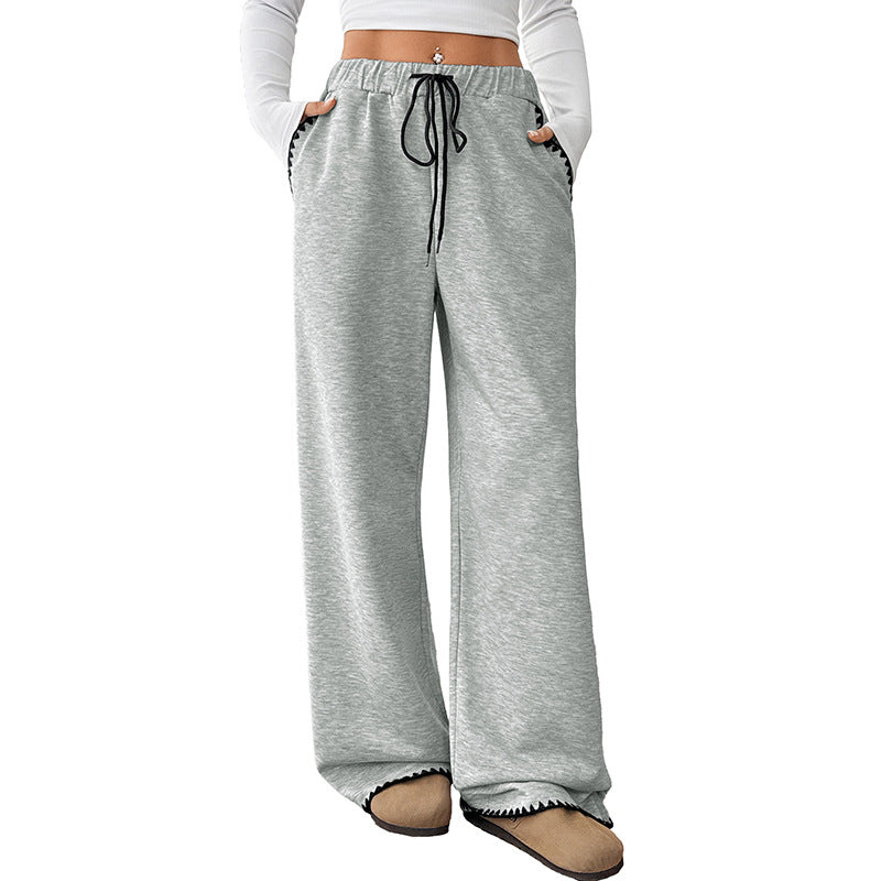 Women's Wide Relax Fleece Pants with High Waist, Drawstring and Decorative Stitch Details Mune Fashion
