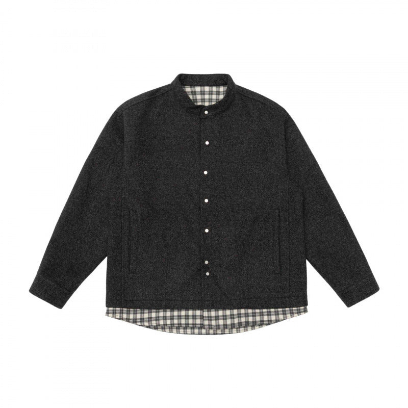 Unisex Oversize Wool Blend Shirt Jacket with Stand-up Collar, Snap Button Placket and Checked Hem Band Mune Fashion