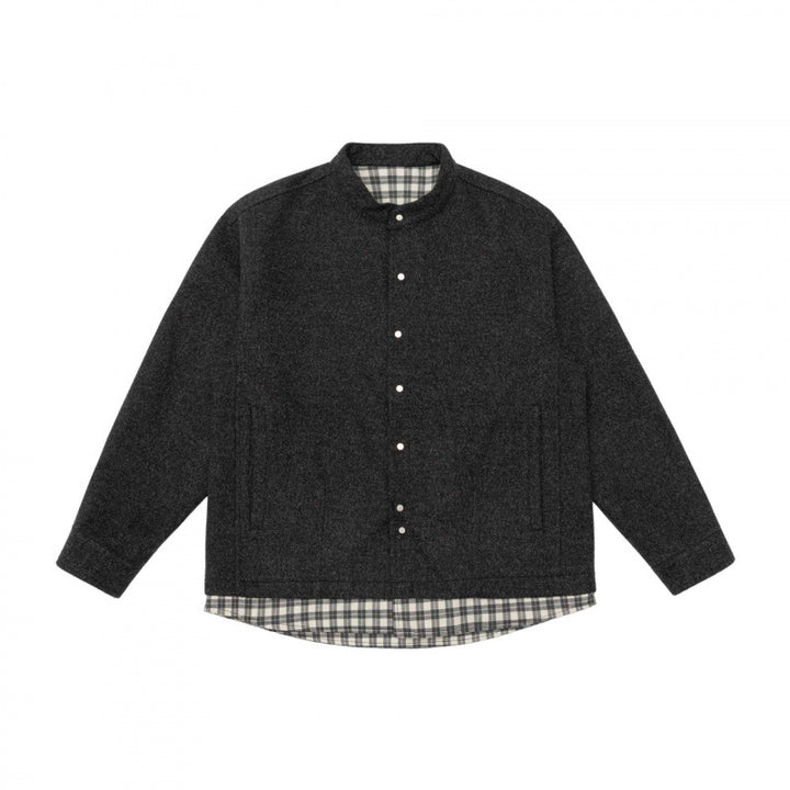 Unisex Oversize Wool Blend Shirt Jacket with Stand-up Collar, Snap Button Placket and Checked Hem Band Mune Fashion
