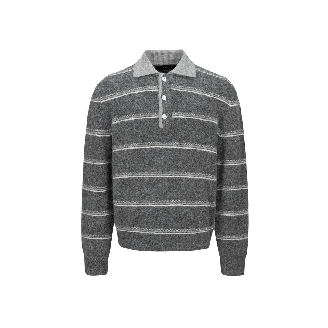 Men's Chunky Knit Polo Collar Sweater with Half Button Placket and Striped Structure Mune Fashion
