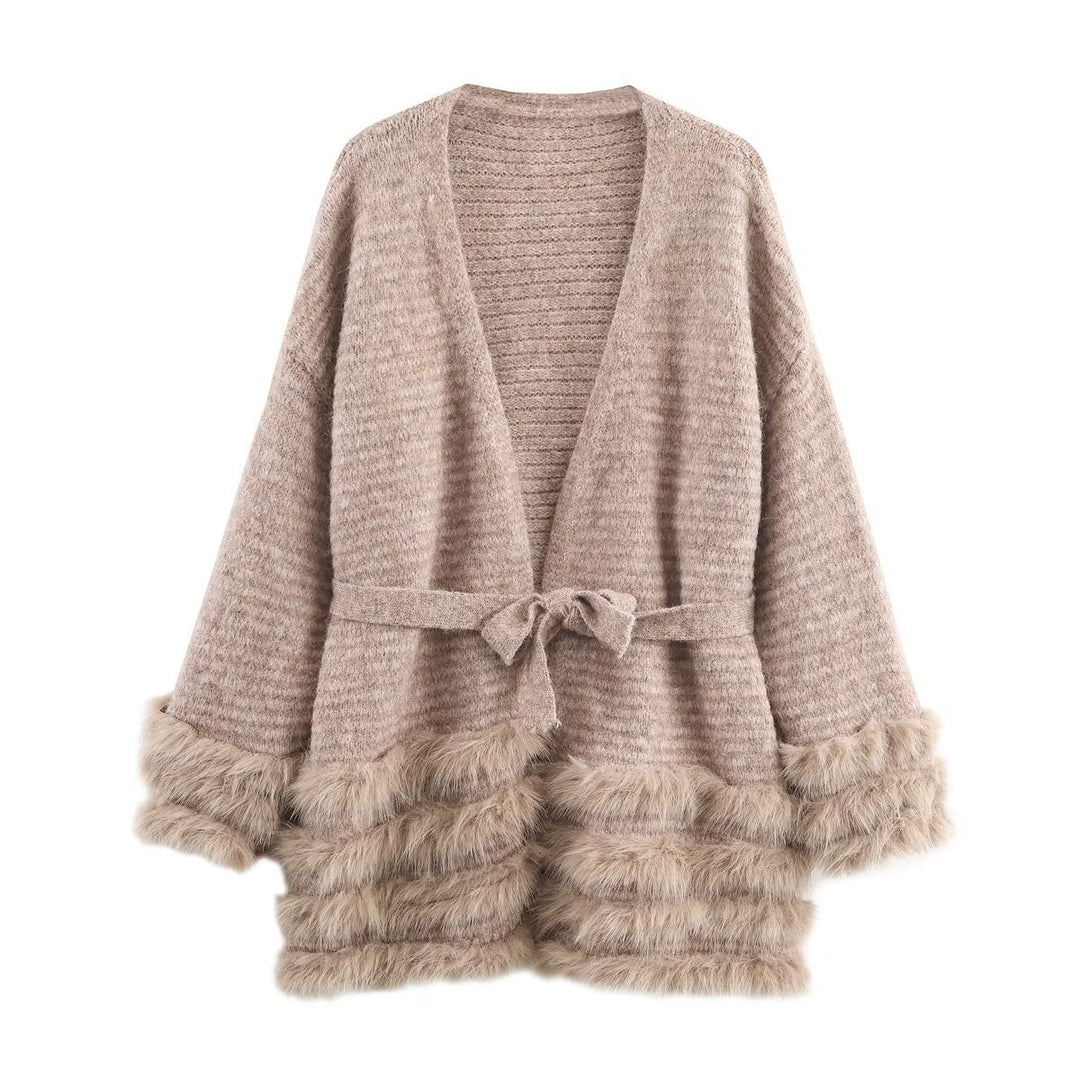 Women's Knit Cardigan with Tie Belt and Faux Fur Trim Mune Fashion