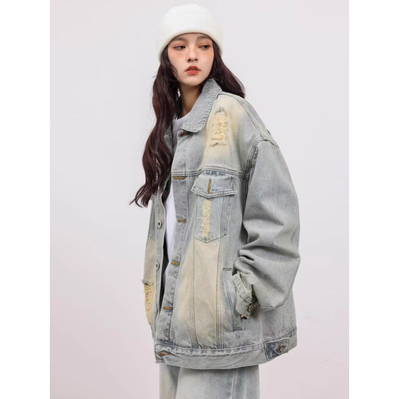 Unisex Vintage-Style Denim-Worker-Jacket with Repair-Details and Straight Cut Mune Fashion