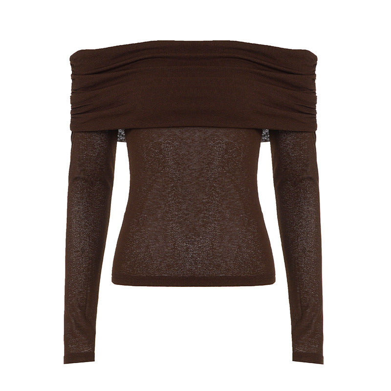 Women's off-shoulder fine knit long sleeve with ruched cowl neck and fitted silhouette Mune Fashion