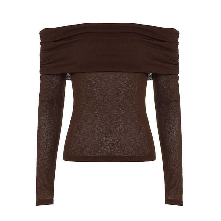 Women's off-shoulder fine knit long sleeve with ruched cowl neck and fitted silhouette Mune Fashion