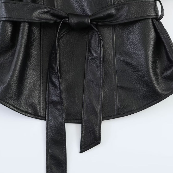 Women's Leather Look Wrap Jacket with Tie Belt Mune Fashion