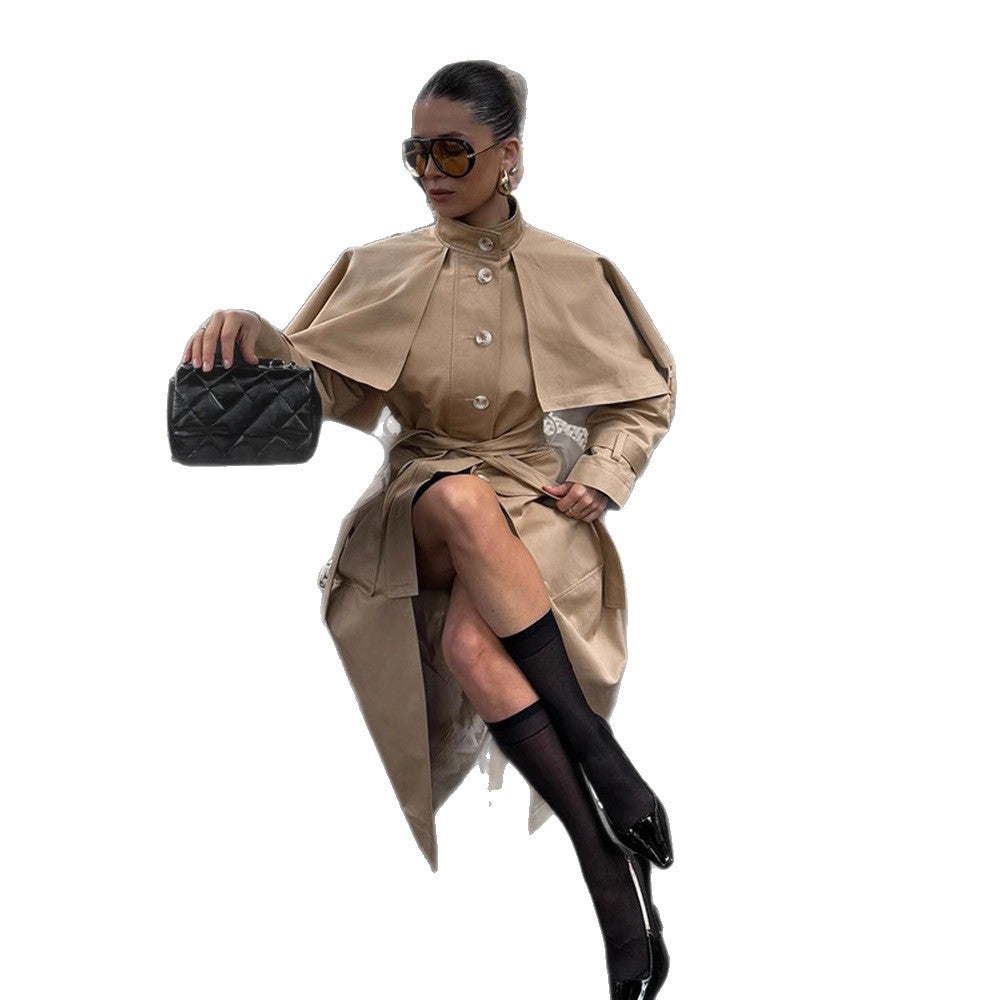 Women Long Trench Coat with Capelet, Waist Belt and Storm Collar Mune Fashion
