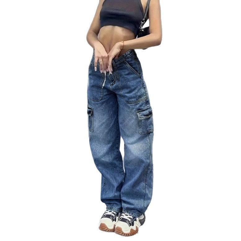 Women's cargo jeans in baggy look with high waist, drawstring and flap pockets Mune Fashion