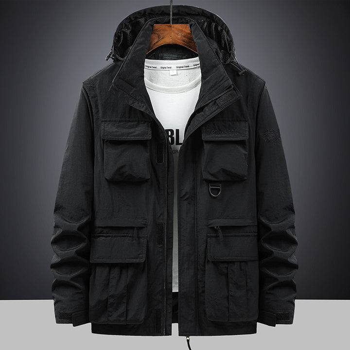 Men's multifunctional field jacket with hood and numerous pockets
