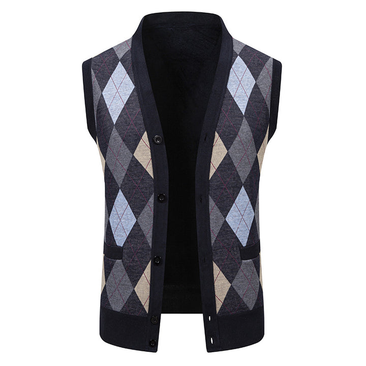 Men's fine-knit vest with V-neck, button placket and diamond pattern Mune Fashion