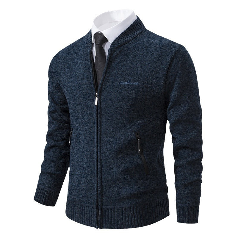 Men's lightweight business knit cardigan with concealed front zipper, zippered pockets, and ribbed hem Mune Fashion