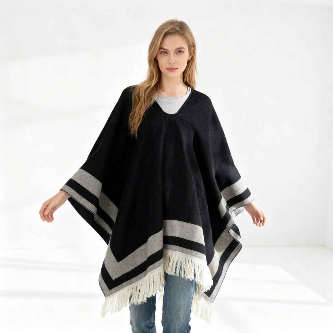 Women Oversize Poncho-Cape with V-neck and Fringe Hem Mune Fashion