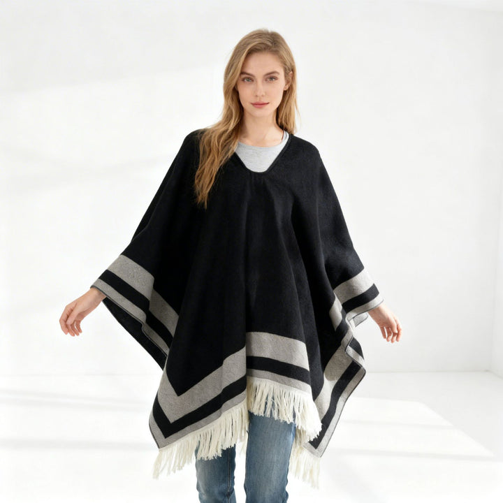 Women Oversize Poncho-Cape with V-neck and Fringe Hem Mune Fashion