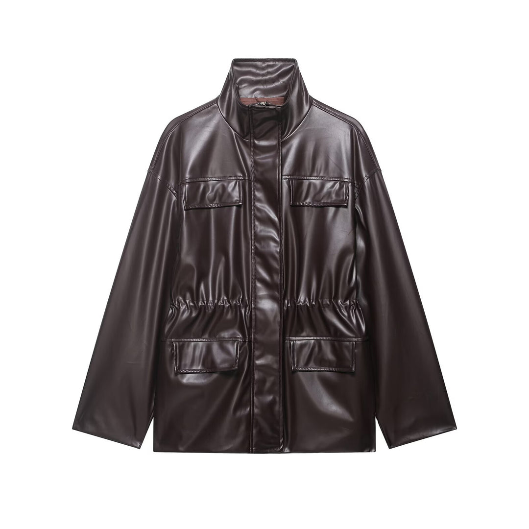 Women's Two-Piece PU Leather Ensemble with Field Jacket, Drawstring Waist and High-Waist Wide-Leg Pants Mune Fashion