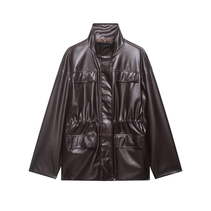 Women's Two-Piece PU Leather Ensemble with Field Jacket, Drawstring Waist and High-Waist Wide-Leg Pants Mune Fashion