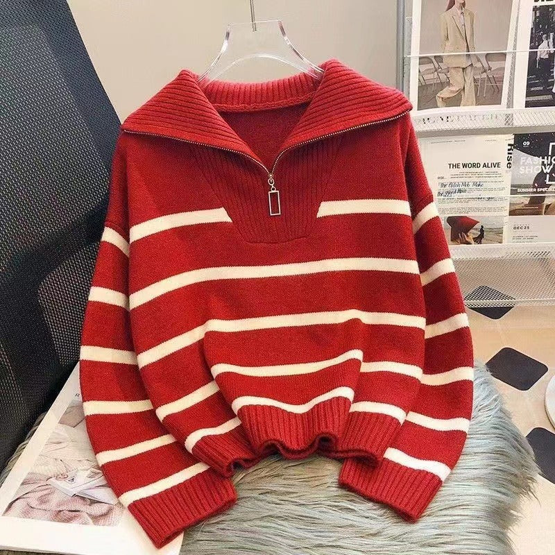 Women's Striped Half-Zip Knit Sweater with Ribbed Collar Mune Fashion
