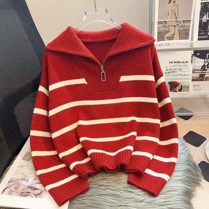 Women's Striped Half-Zip Knit Sweater with Ribbed Collar Mune Fashion