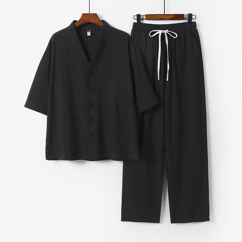 Men's kimono two-piece set made of linen blend with V-neck, patch pockets, and drawstring pants Mune Fashion