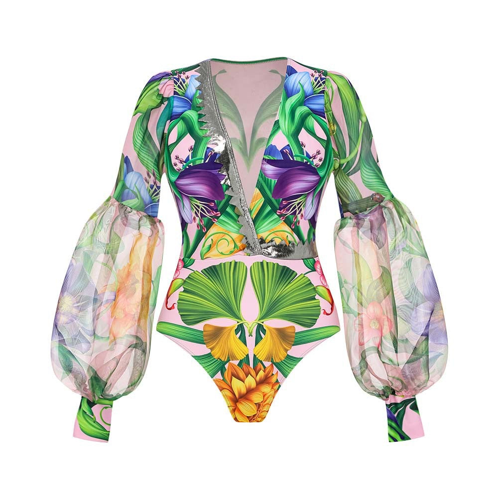 Women's one-piece swimsuit with transparent flounce sleeves Mune Fashion