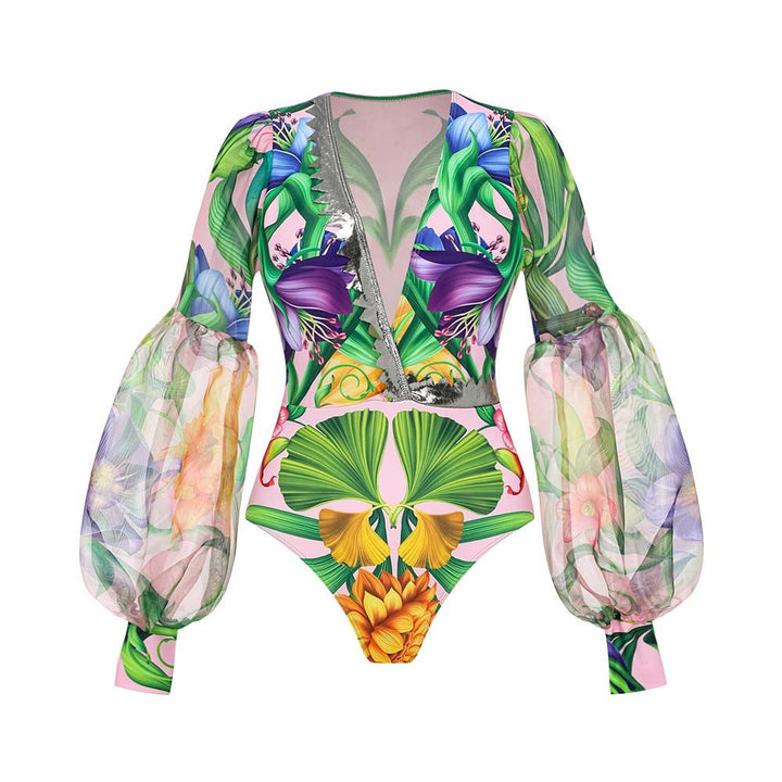 Women's one-piece swimsuit with transparent flounce sleeves Mune Fashion