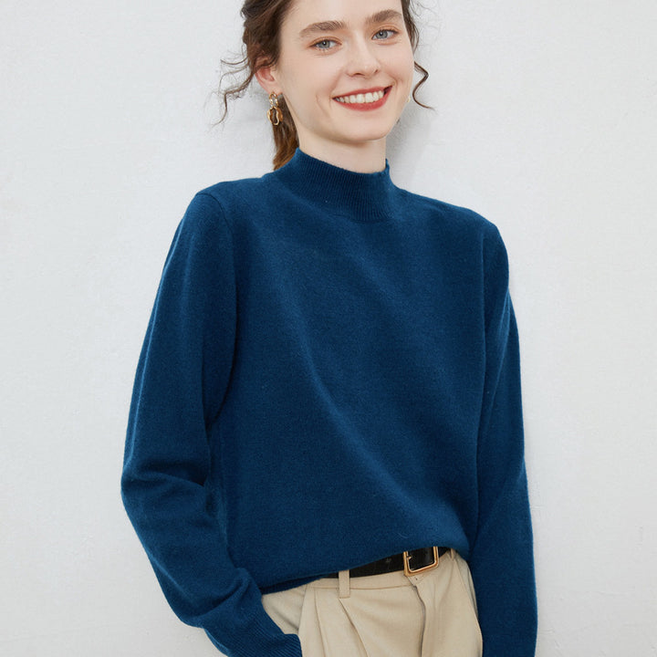 Women's soft fine-knit mock neck pullover with angora look and casual silhouette Mune Fashion