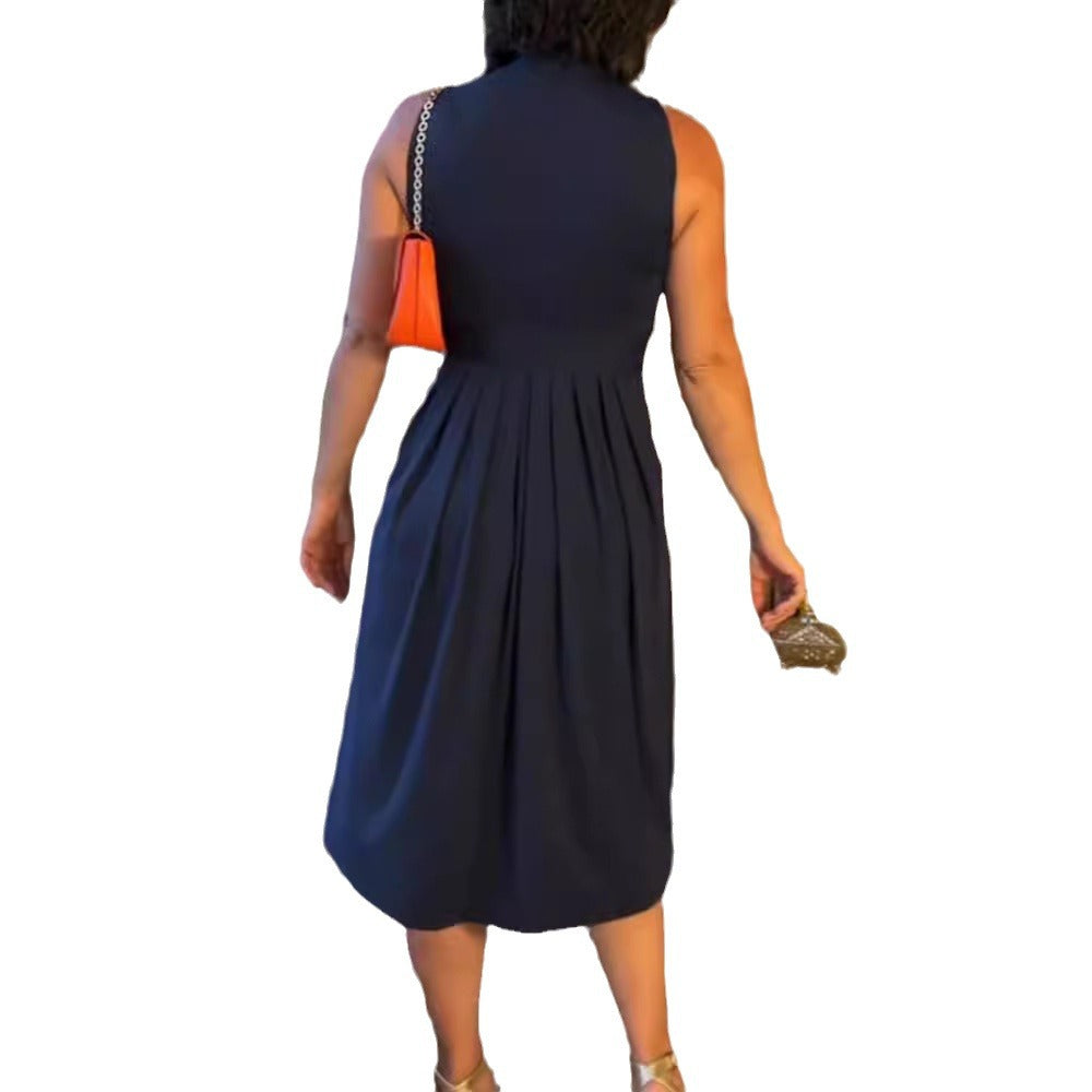 Women's sleeveless V-neck midi dress with underbust seam and flattering pleated skirt Mune Fashion