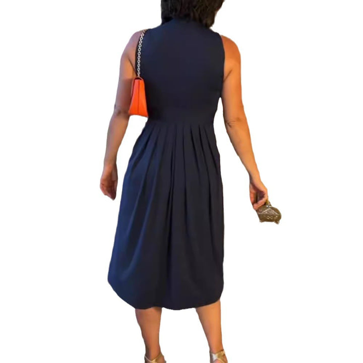 Women's sleeveless V-neck midi dress with underbust seam and flattering pleated skirt Mune Fashion